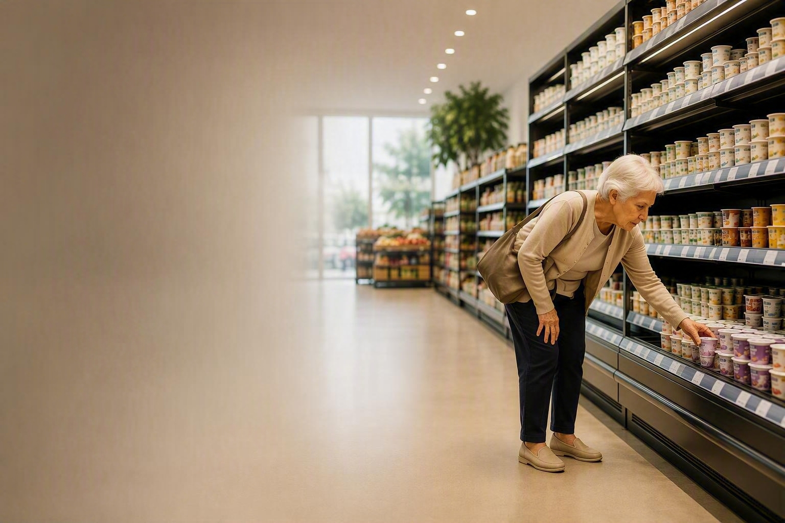 Une personne atteint un produit sur une étagère basse dans un supermarché moderne, illustrant les enjeux d’accessibilité.
